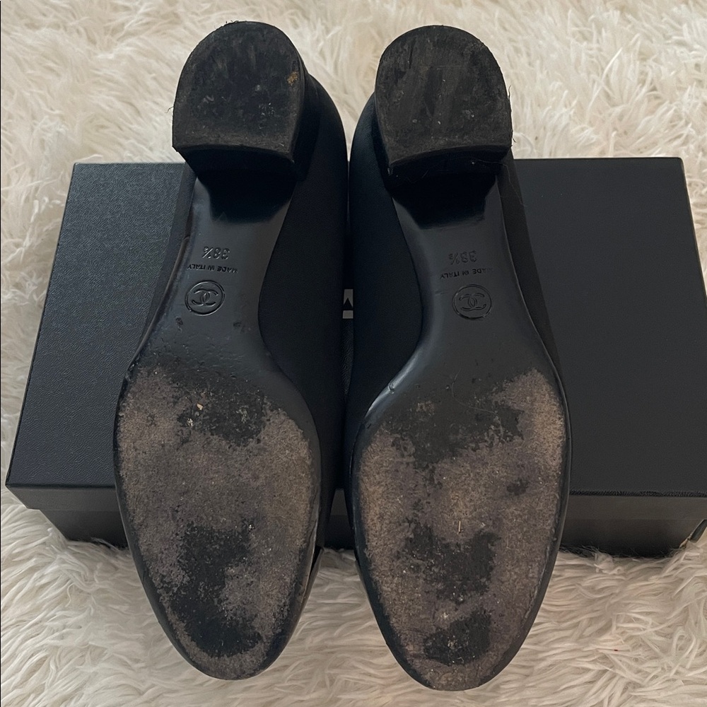 Authentic Chanel black fabric shoe with 1.5” heel. Patent toe with CC logo. $725 - Picture 4 of 6